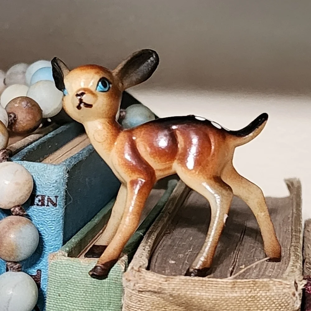 Vintage Celluloid Deer Doe Fawn Blow Mold Hand Painted Figurine Cute Miniature